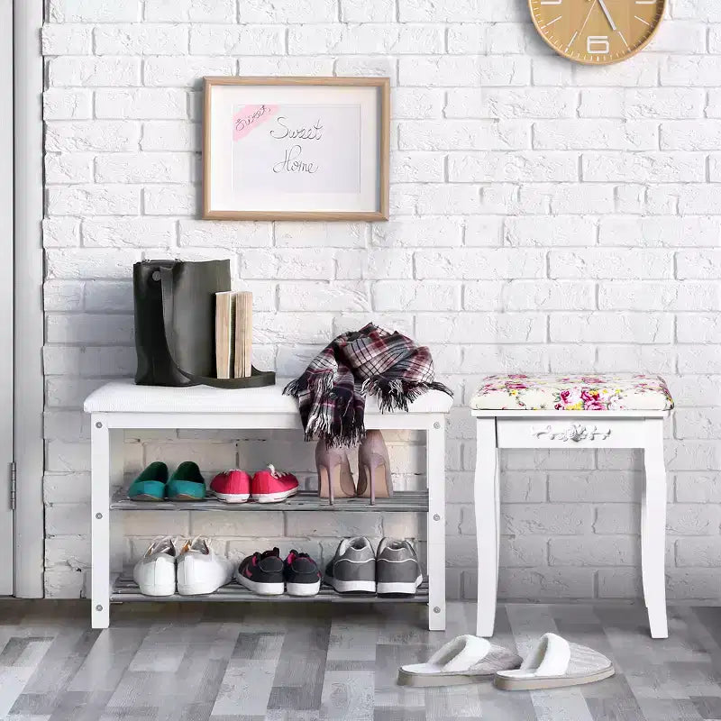 Costway Tabouret de Coiffeuse en Bois Rembourré Chaise de Maquillage Coussin Blanc Sans Dossier