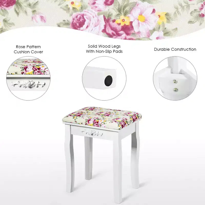 Costway Tabouret de Coiffeuse en Bois Rembourré Chaise de Maquillage Coussin Blanc Sans Dossier