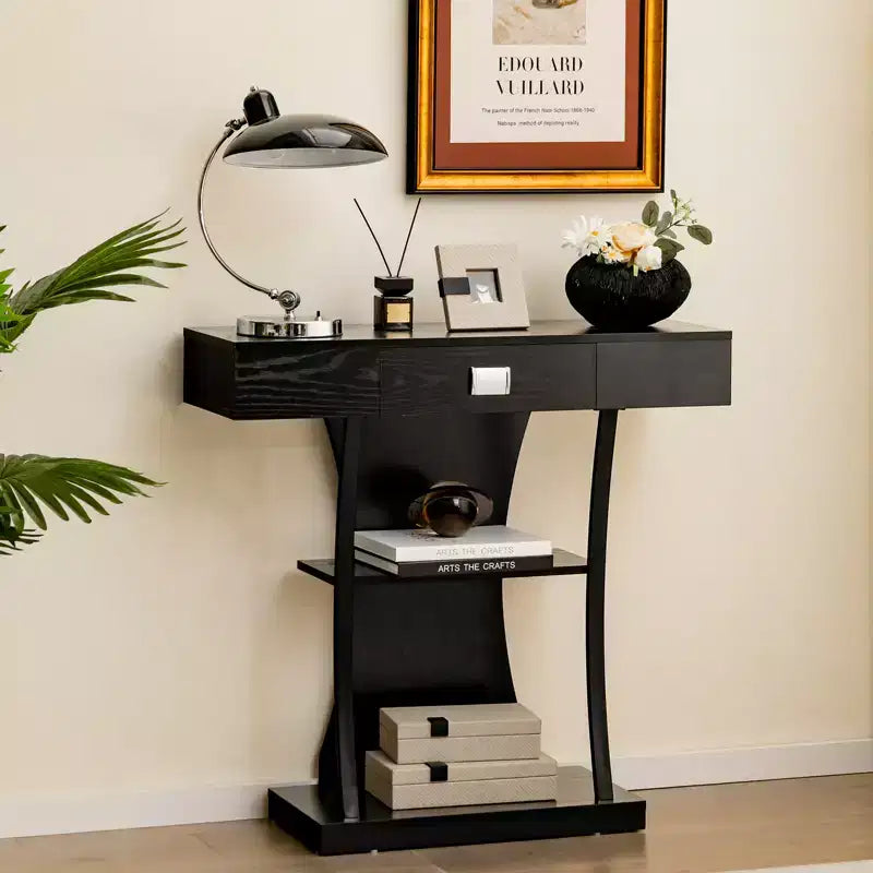 Costway Table console en T pour canapé avec tiroirs, étagères et double dispositif anti-basculement, table d'appoint moderne pour entrée