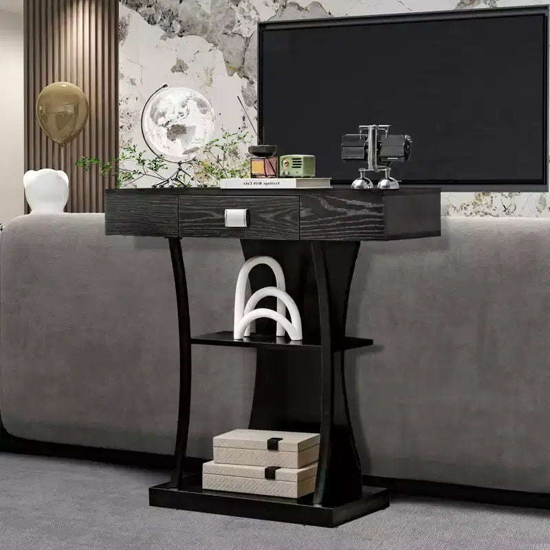 Costway Table console en T pour canapé avec tiroirs, étagères et double dispositif anti-basculement, table d'appoint moderne pour entrée