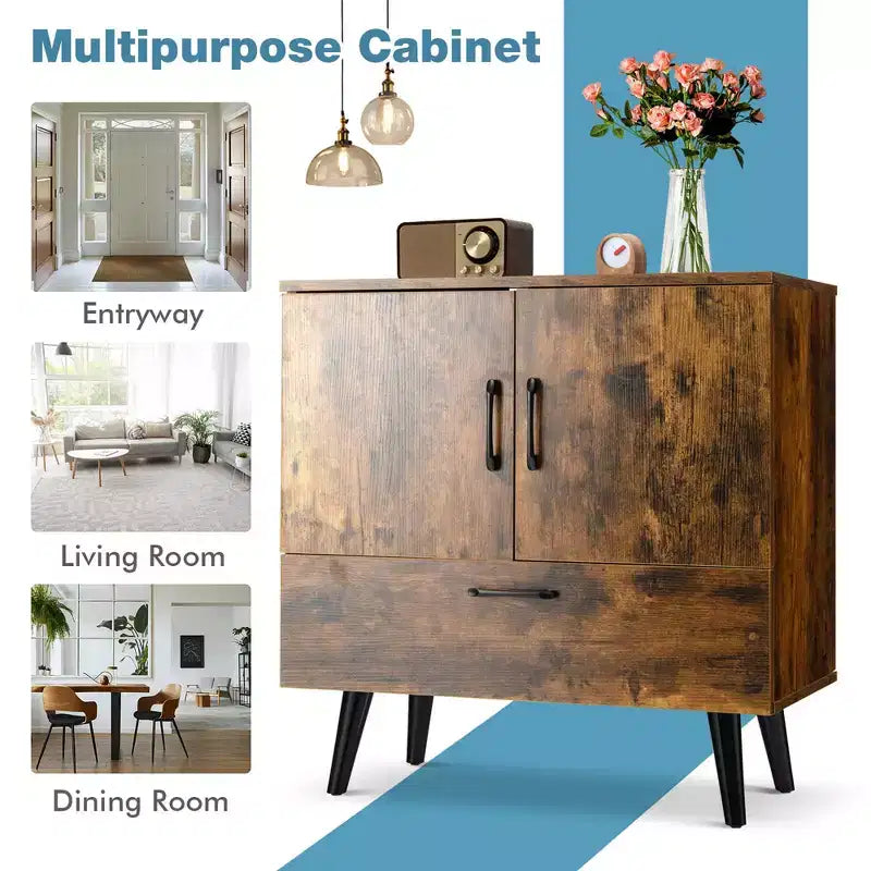 Costway Armoire de rangement Mid-Century Buffet Accent Desserte Entrée Cuisine Blanc/Marron