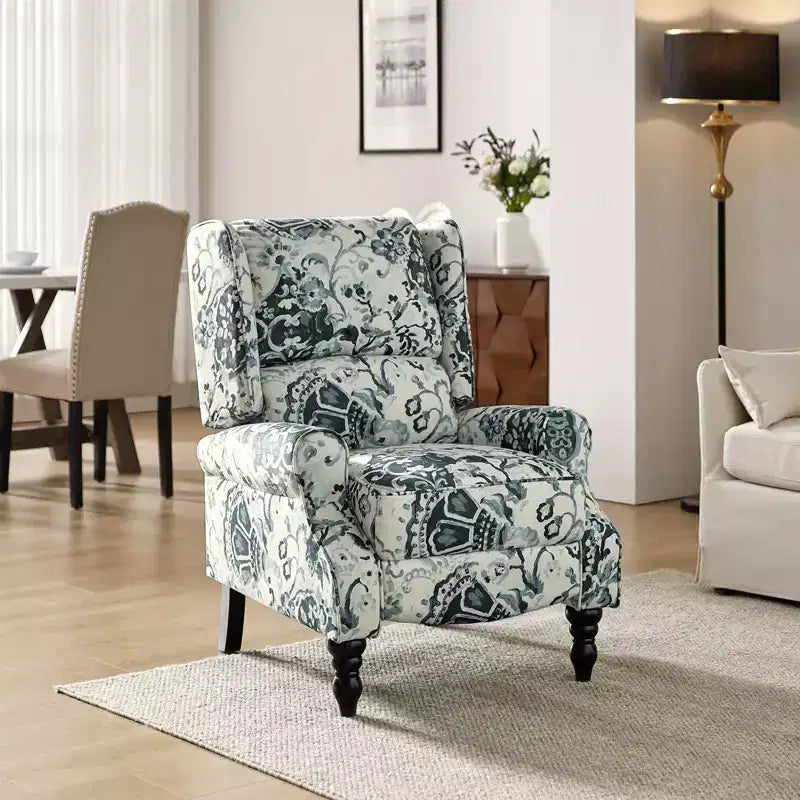 Fauteuil inclinable contemporain manuel moderne à oreilles avec pieds en bois d'hévéa Asikli | Karat Home – Gris