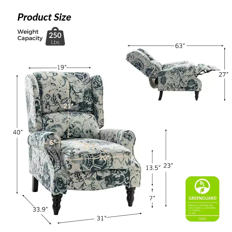 Fauteuil inclinable contemporain manuel moderne à oreilles avec pieds en bois d'hévéa Asikli | Karat Home – Gris