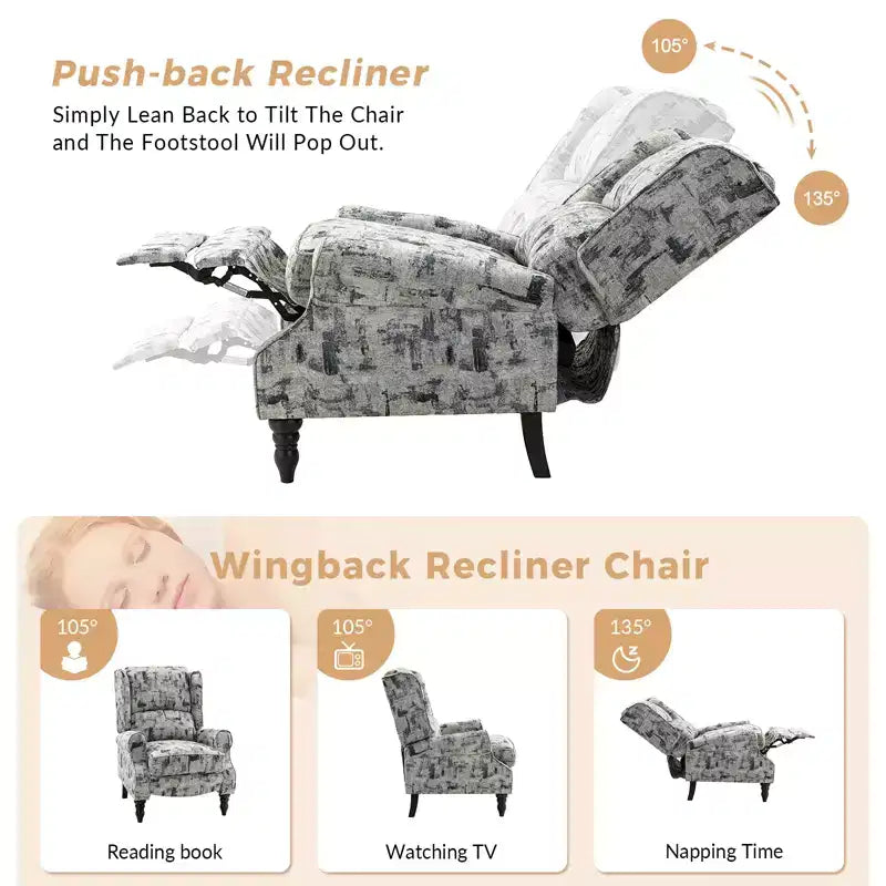 Fauteuil inclinable contemporain manuel moderne à oreilles avec pieds en bois d'hévéa Asikli | Karat Home – Gris