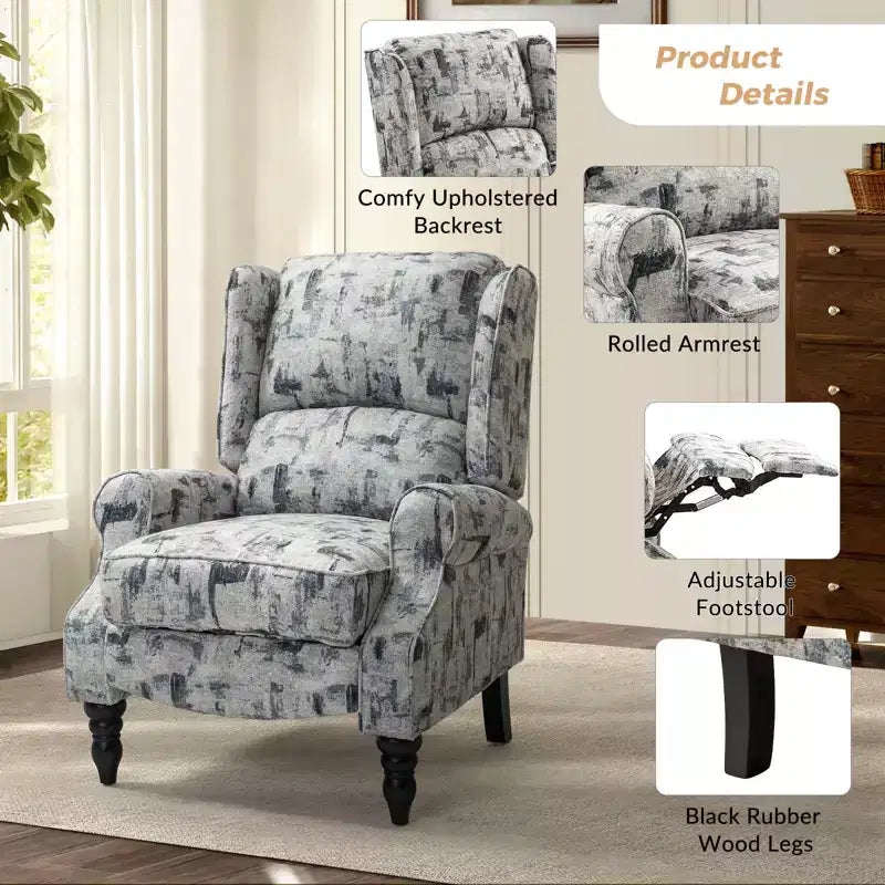 Fauteuil inclinable contemporain manuel moderne à oreilles avec pieds en bois d'hévéa Asikli | Karat Home – Gris