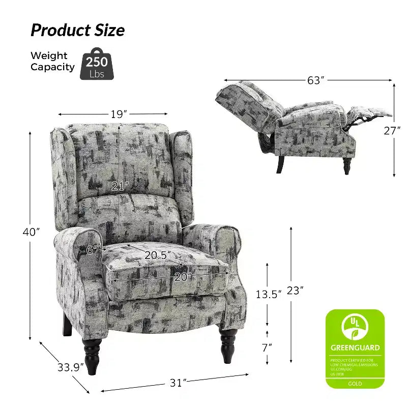 Fauteuil inclinable contemporain manuel moderne à oreilles avec pieds en bois d'hévéa Asikli | Karat Home – Gris