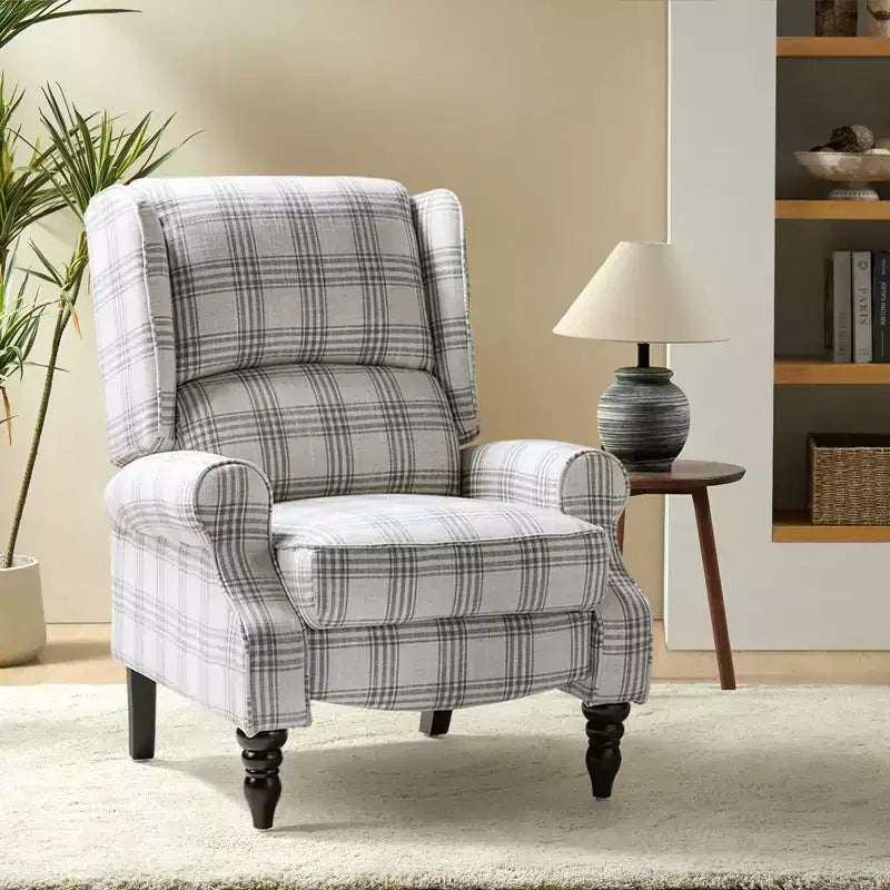 Fauteuil inclinable contemporain manuel moderne à oreilles avec pieds en bois d'hévéa Asikli | Karat Home – Gris