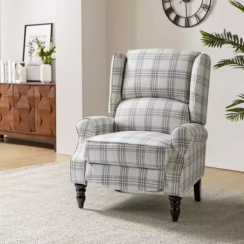 Fauteuil inclinable contemporain manuel moderne à oreilles avec pieds en bois d'hévéa Asikli | Karat Home – Gris