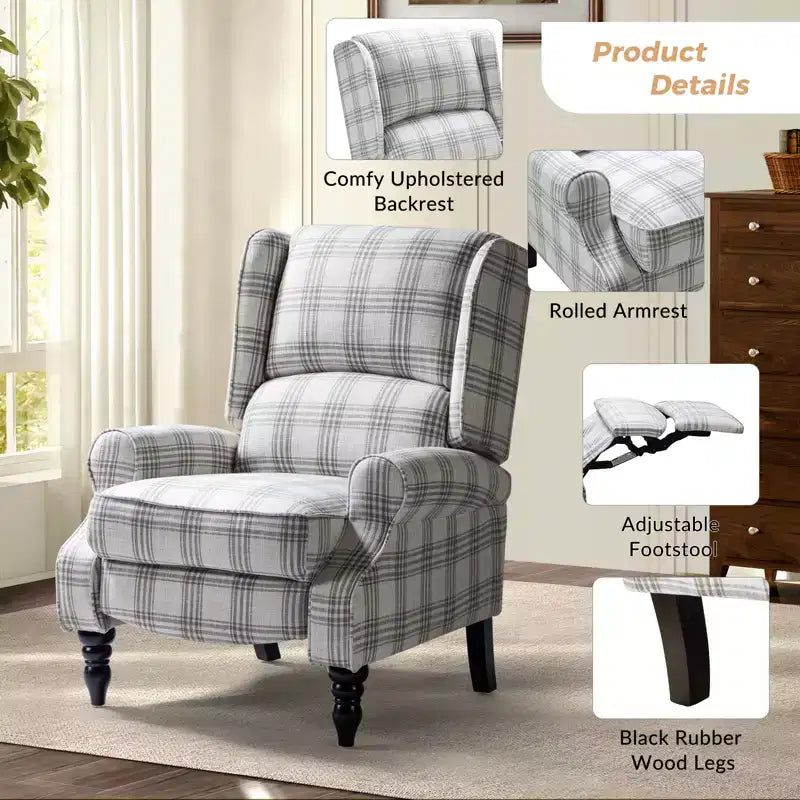 Fauteuil inclinable contemporain manuel moderne à oreilles avec pieds en bois d'hévéa Asikli | Karat Home – Gris