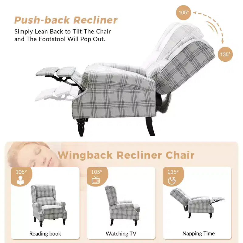 Fauteuil inclinable contemporain manuel moderne à oreilles avec pieds en bois d'hévéa Asikli | Karat Home – Gris
