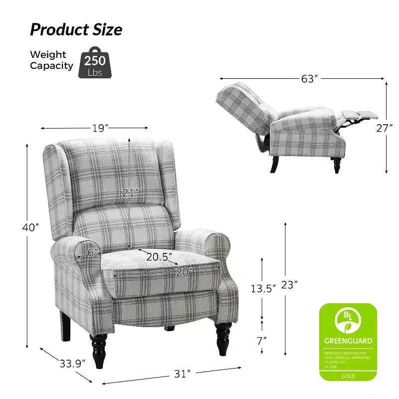Fauteuil inclinable contemporain manuel moderne à oreilles avec pieds en bois d'hévéa Asikli | Karat Home – Gris