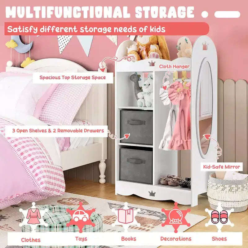 Costway Armoire Penderie Rangement pour Enfants avec Miroir et Bacs à Jouets