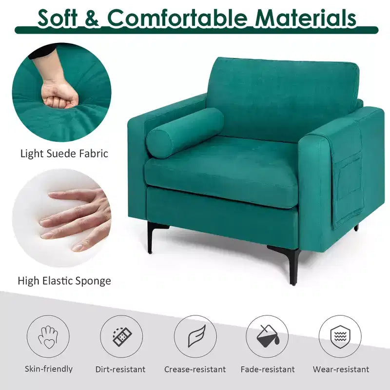 Costway Fauteuil d'appoint en tissu avec traversin et rangement latéral, couleur bleu sarcelle
