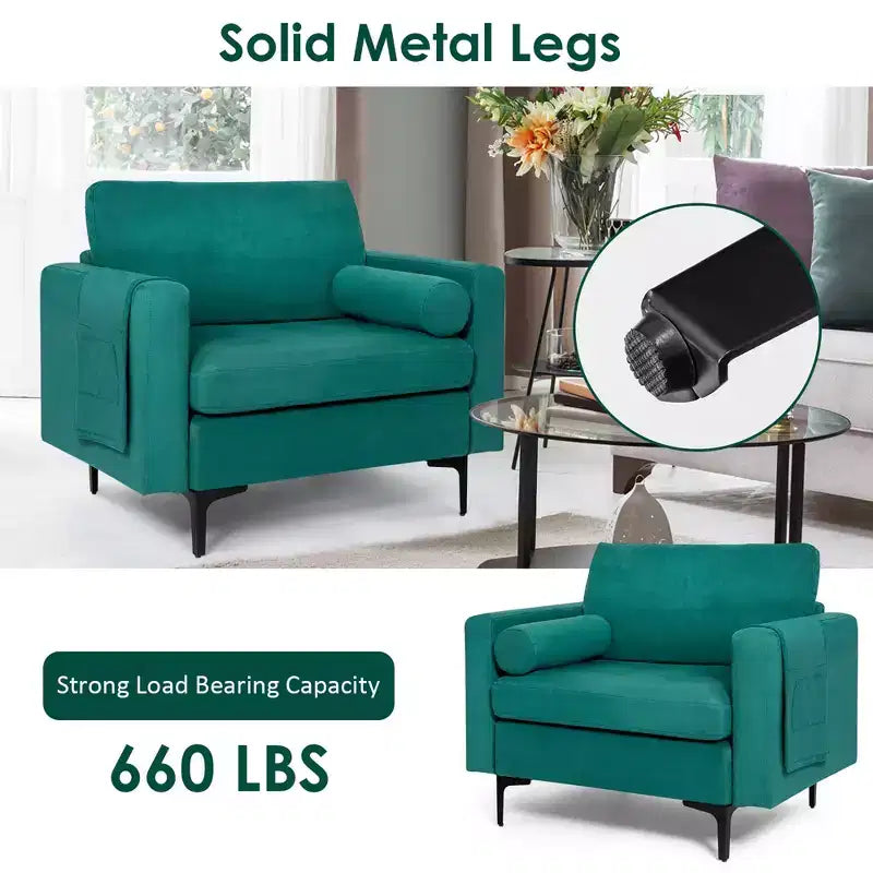 Costway Fauteuil d'appoint en tissu avec traversin et rangement latéral, couleur bleu sarcelle
