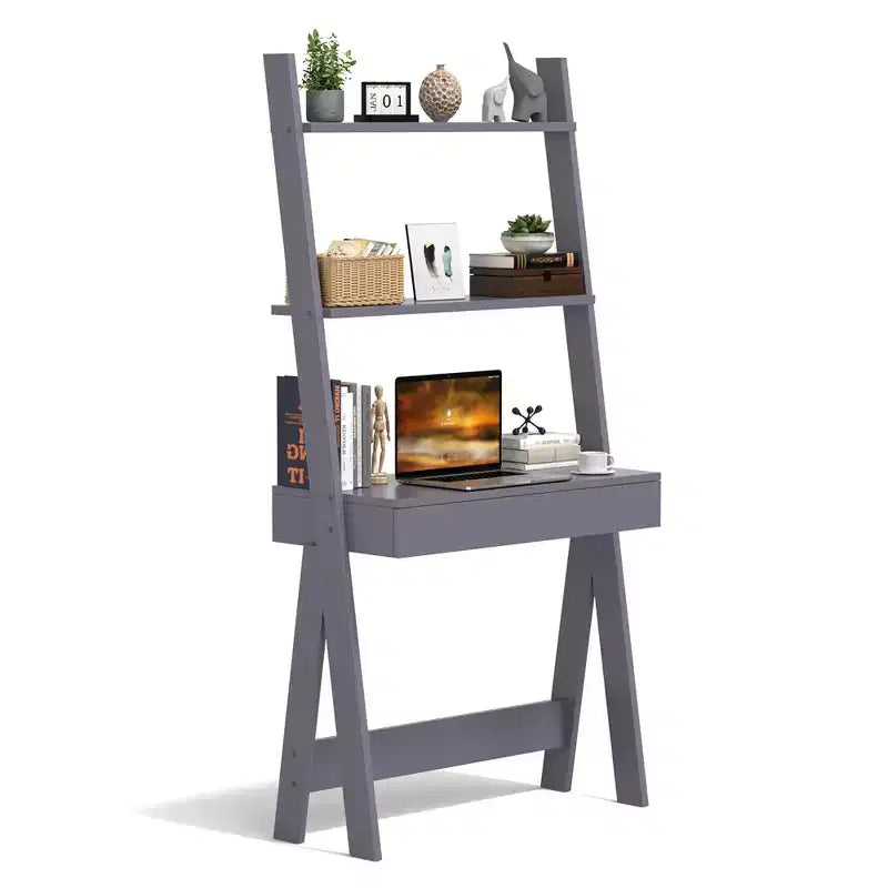 Costway Home Office Ladder Desk Wall-Leaning Laptop Workstation with Storage Shelves Natural/White/Walnut