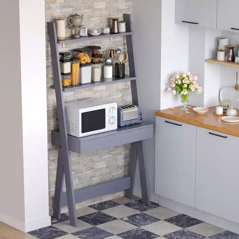 Bureau d'ordinateur en échelle pour la maison Costway, poste de travail mural avec étagères de rangement, naturel/blanc/noyer