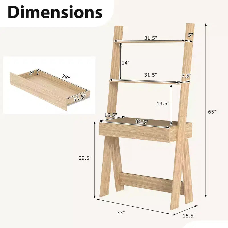 Bureau d'ordinateur en échelle pour la maison Costway, poste de travail mural avec étagères de rangement, naturel/blanc/noyer