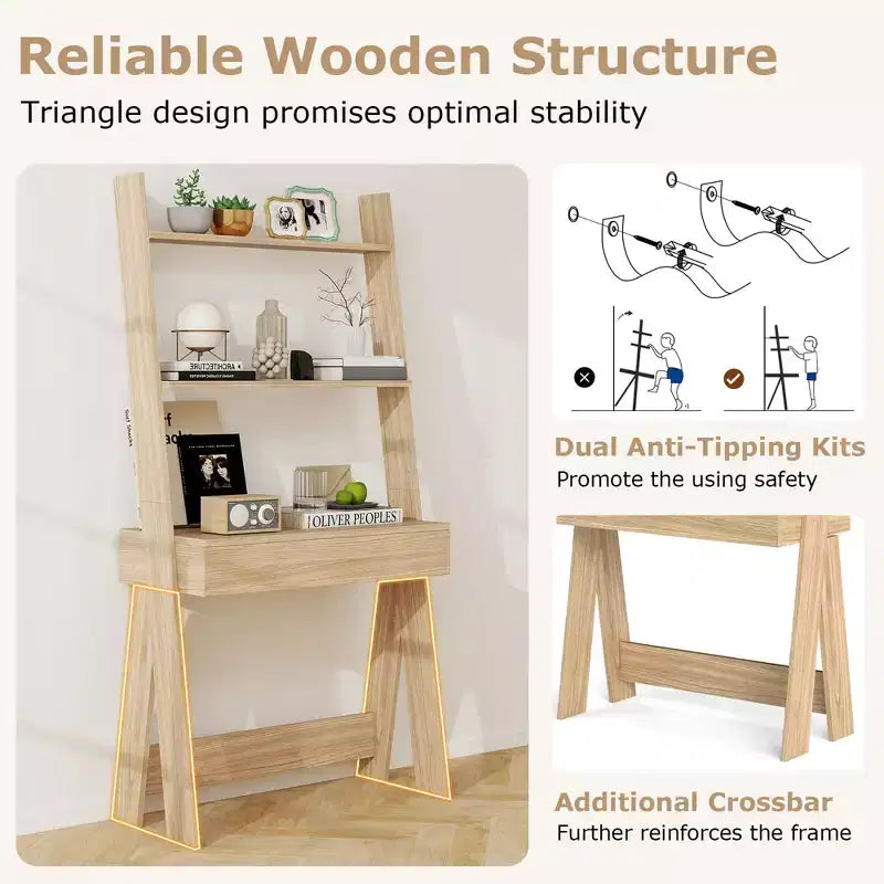 Bureau d'ordinateur en échelle pour la maison Costway, poste de travail mural avec étagères de rangement, naturel/blanc/noyer