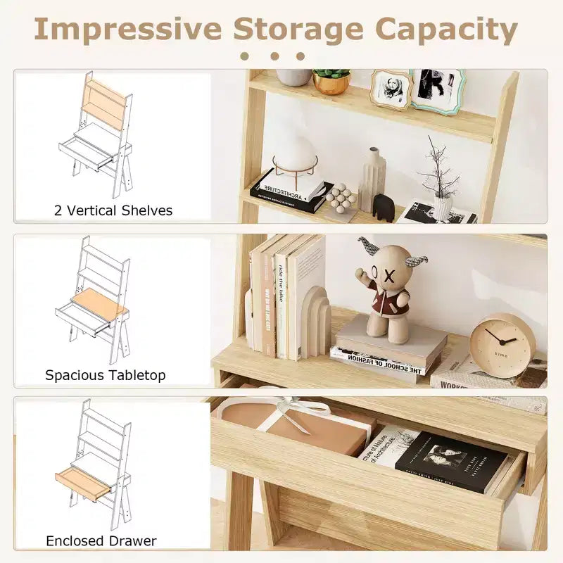 Bureau d'ordinateur en échelle pour la maison Costway, poste de travail mural avec étagères de rangement, naturel/blanc/noyer