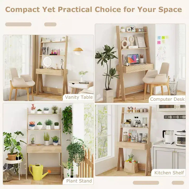 Bureau d'ordinateur en échelle pour la maison Costway, poste de travail mural avec étagères de rangement, naturel/blanc/noyer