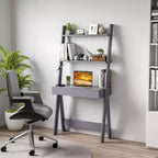 Bureau d'ordinateur en échelle pour la maison Costway, poste de travail mural avec étagères de rangement, naturel/blanc/noyer