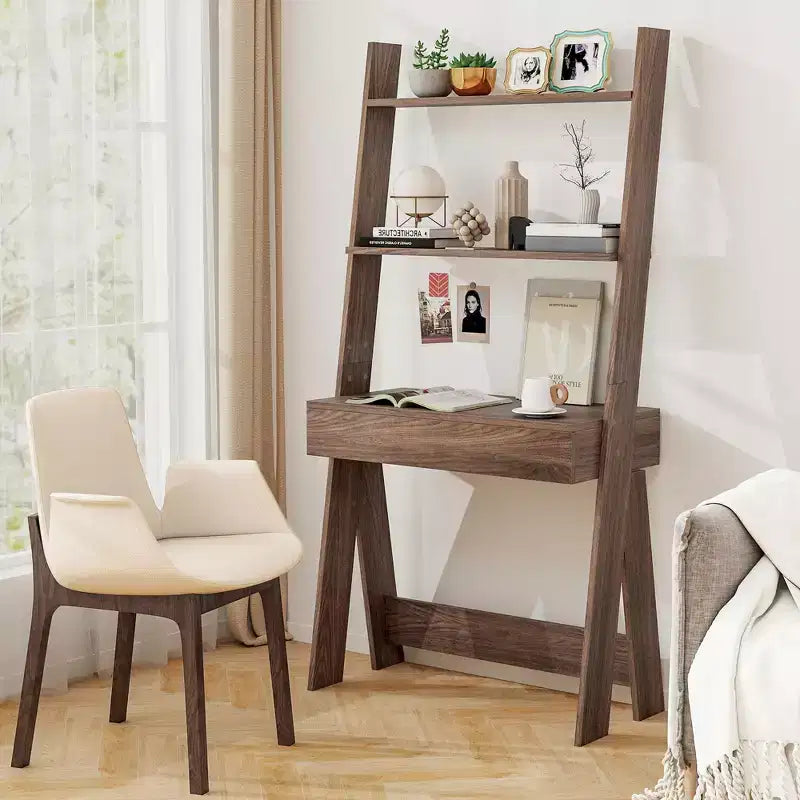 Bureau d'ordinateur en échelle pour la maison Costway, poste de travail mural avec étagères de rangement, naturel/blanc/noyer