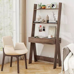 Bureau d'ordinateur en échelle pour la maison Costway, poste de travail mural avec étagères de rangement, naturel/blanc/noyer