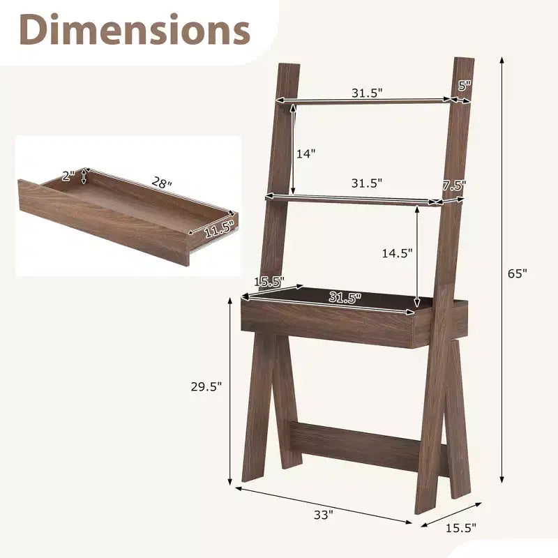 Bureau d'ordinateur en échelle pour la maison Costway, poste de travail mural avec étagères de rangement, naturel/blanc/noyer