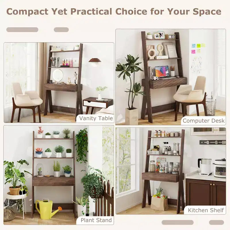 Bureau d'ordinateur en échelle pour la maison Costway, poste de travail mural avec étagères de rangement, naturel/blanc/noyer