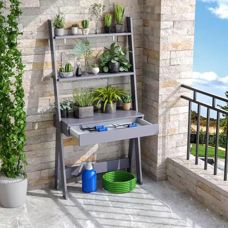 Bureau d'ordinateur en échelle pour la maison Costway, poste de travail mural avec étagères de rangement, naturel/blanc/noyer