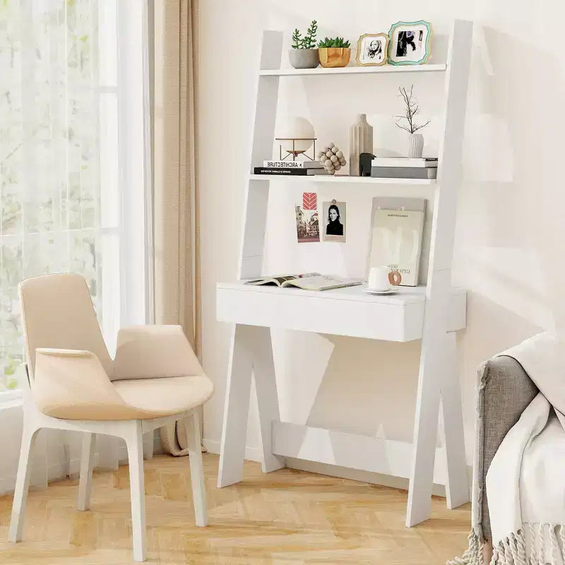 Bureau d'ordinateur en échelle pour la maison Costway, poste de travail mural avec étagères de rangement, naturel/blanc/noyer