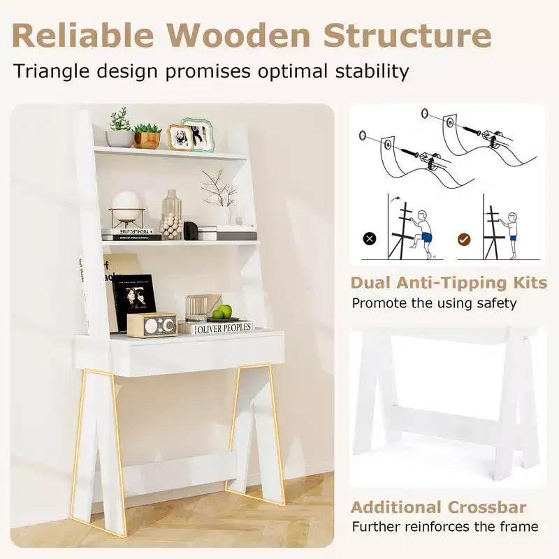 Bureau d'ordinateur en échelle pour la maison Costway, poste de travail mural avec étagères de rangement, naturel/blanc/noyer