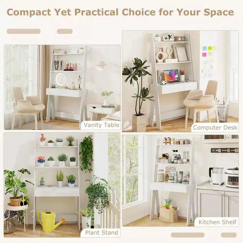 Bureau d'ordinateur en échelle pour la maison Costway, poste de travail mural avec étagères de rangement, naturel/blanc/noyer