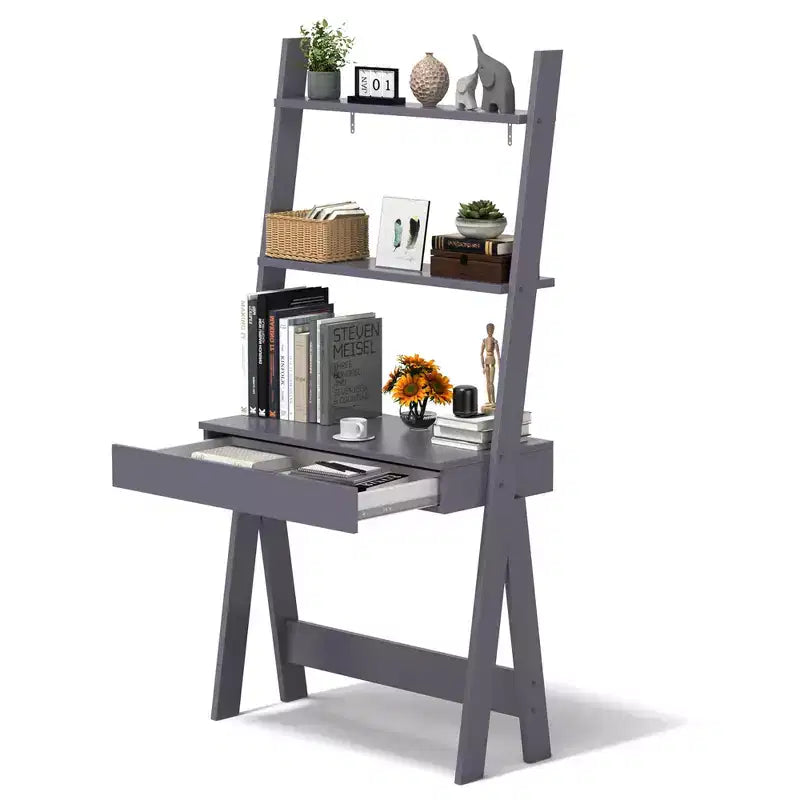 Bureau d'ordinateur en échelle pour la maison Costway, poste de travail mural avec étagères de rangement, naturel/blanc/noyer