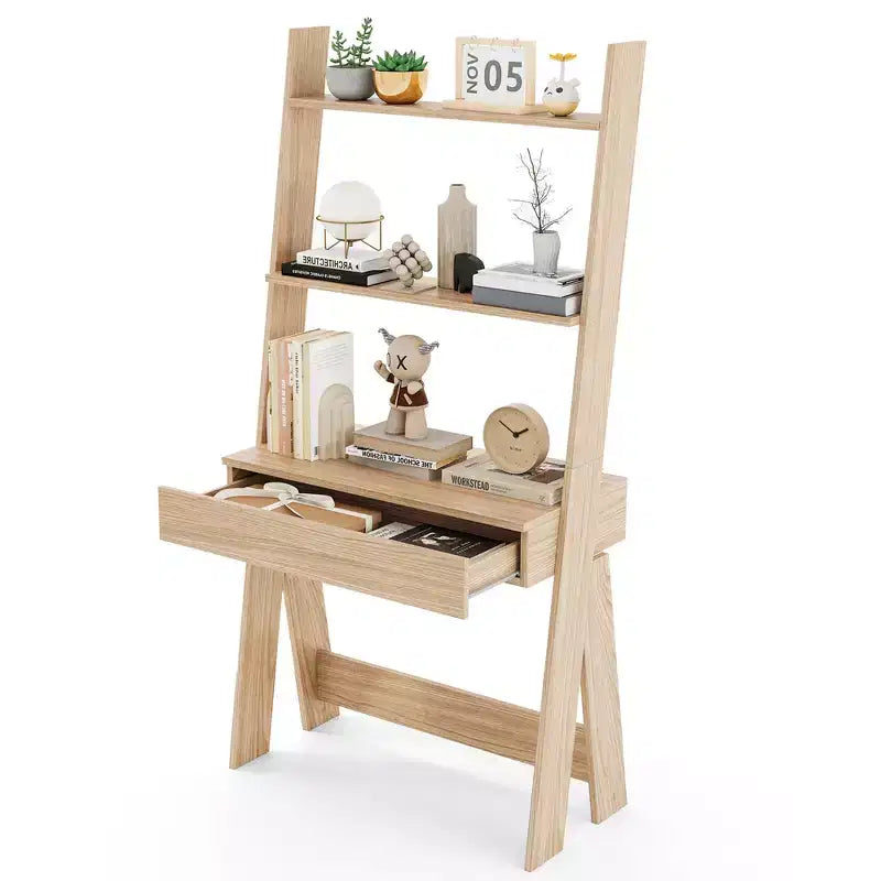 Bureau d'ordinateur en échelle pour la maison Costway, poste de travail mural avec étagères de rangement, naturel/blanc/noyer