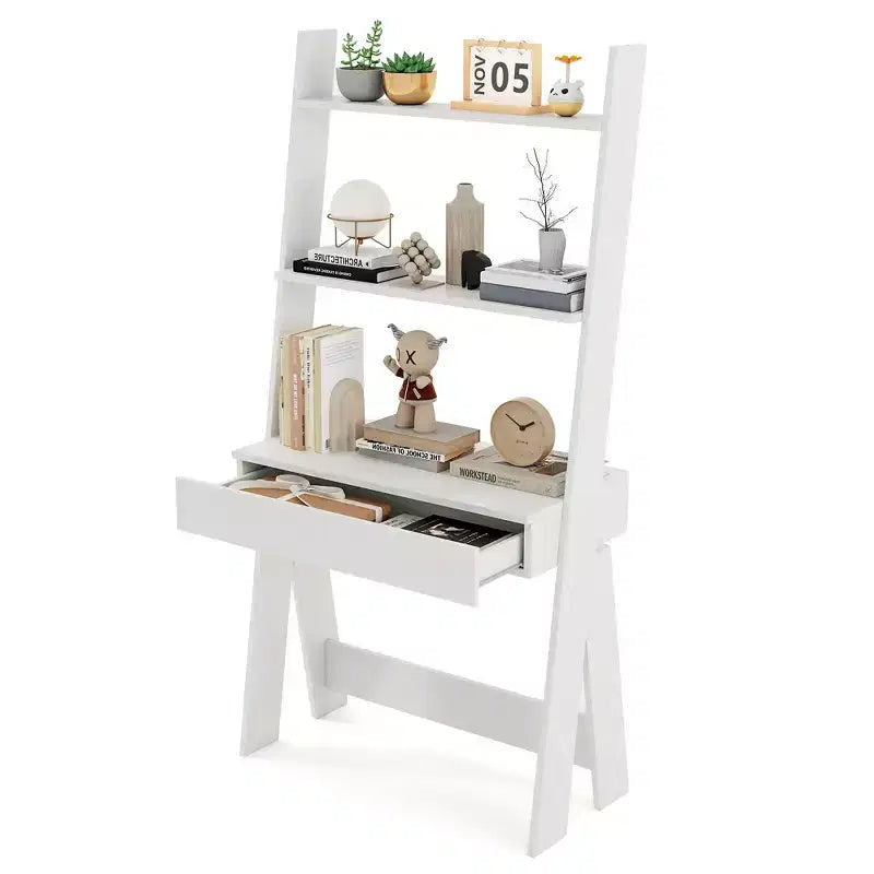 Bureau d'ordinateur en échelle pour la maison Costway, poste de travail mural avec étagères de rangement, naturel/blanc/noyer
