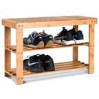 Costway Banc à chaussures 2 niveaux en bambou, étagères de rangement, siège, organisateur d'entrée de couloir