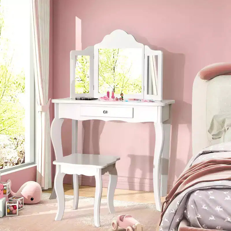 Coiffeuse pour enfant Costway avec miroir triptyque 2-en-1, avec tabouret