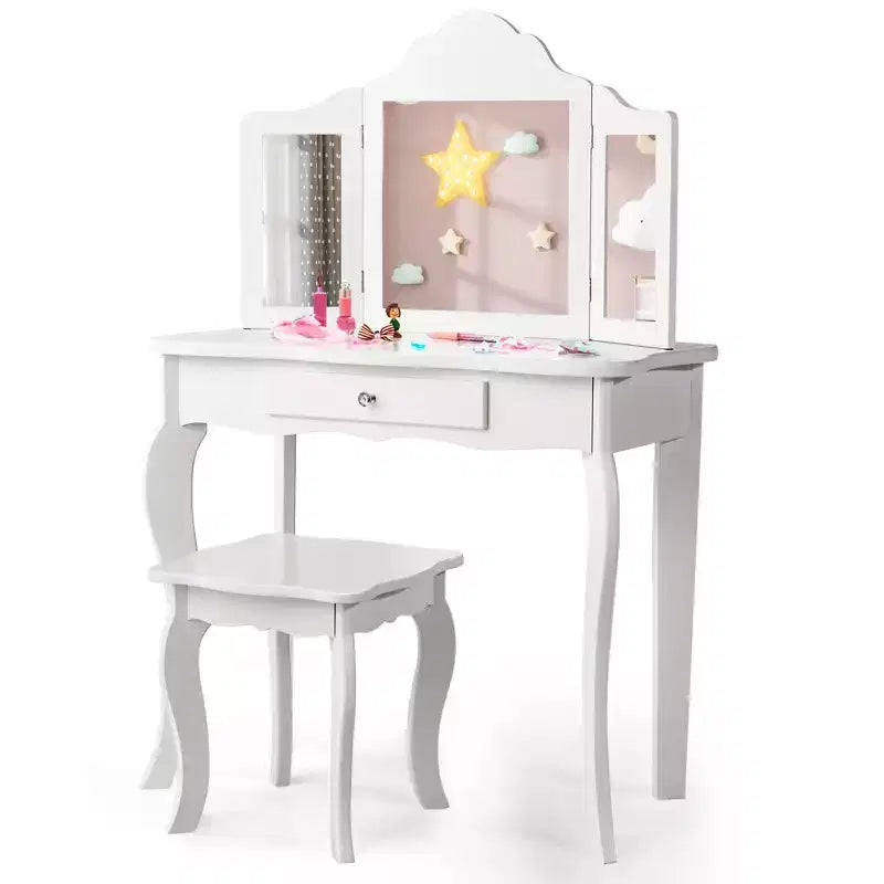 Coiffeuse pour enfant Costway avec miroir triptyque 2-en-1, avec tabouret
