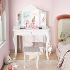 Coiffeuse pour enfant Costway avec miroir triptyque 2-en-1, avec tabouret