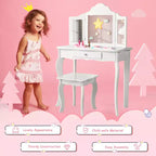 Coiffeuse pour enfant Costway avec miroir triptyque 2-en-1, avec tabouret