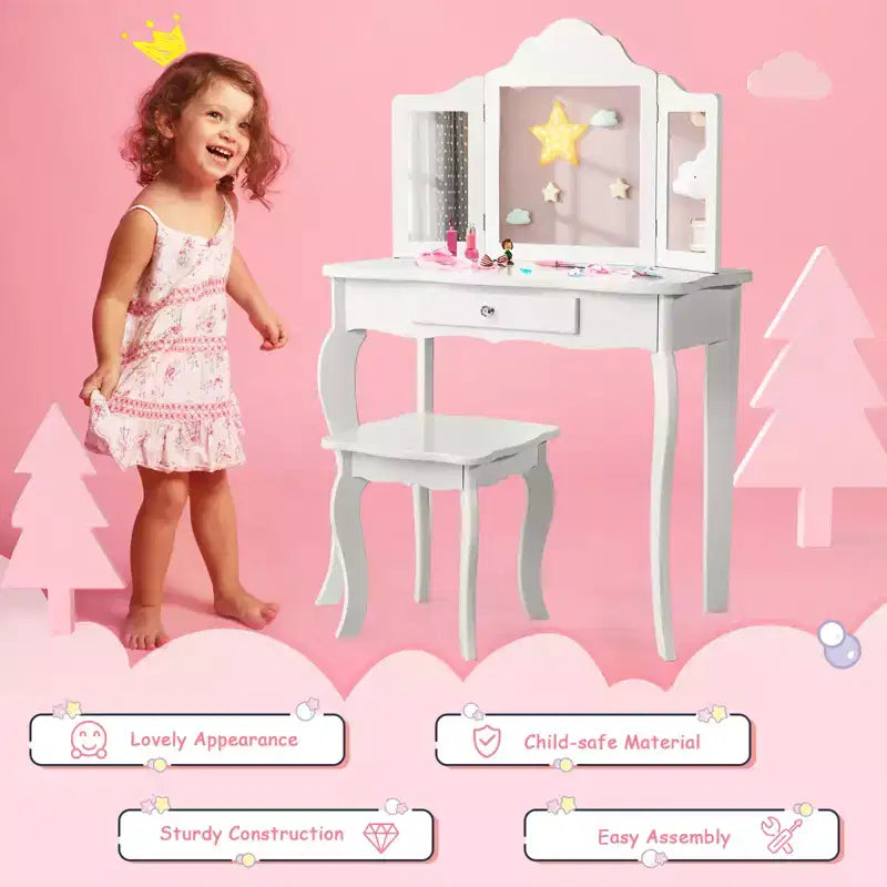 Coiffeuse pour enfant Costway avec miroir triptyque 2-en-1, avec tabouret