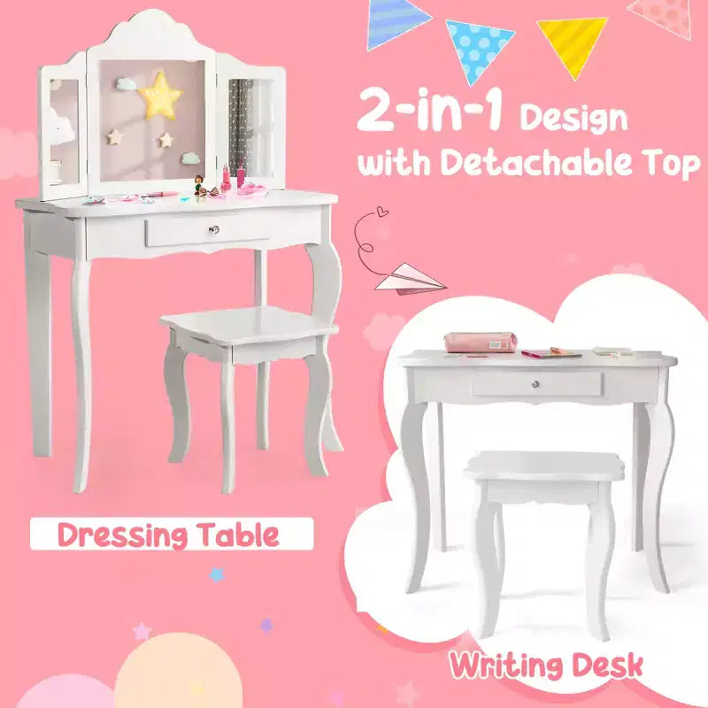 Coiffeuse pour enfant Costway avec miroir triptyque 2-en-1, avec tabouret
