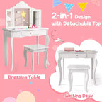 Coiffeuse pour enfant Costway avec miroir triptyque 2-en-1, avec tabouret