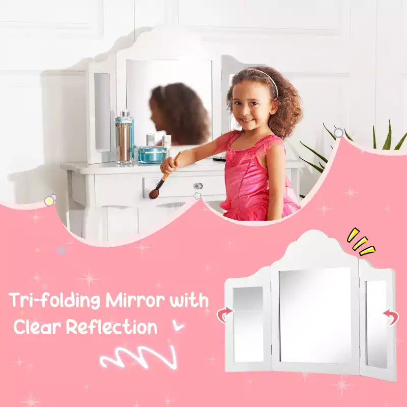 Coiffeuse pour enfant Costway avec miroir triptyque 2-en-1, avec tabouret