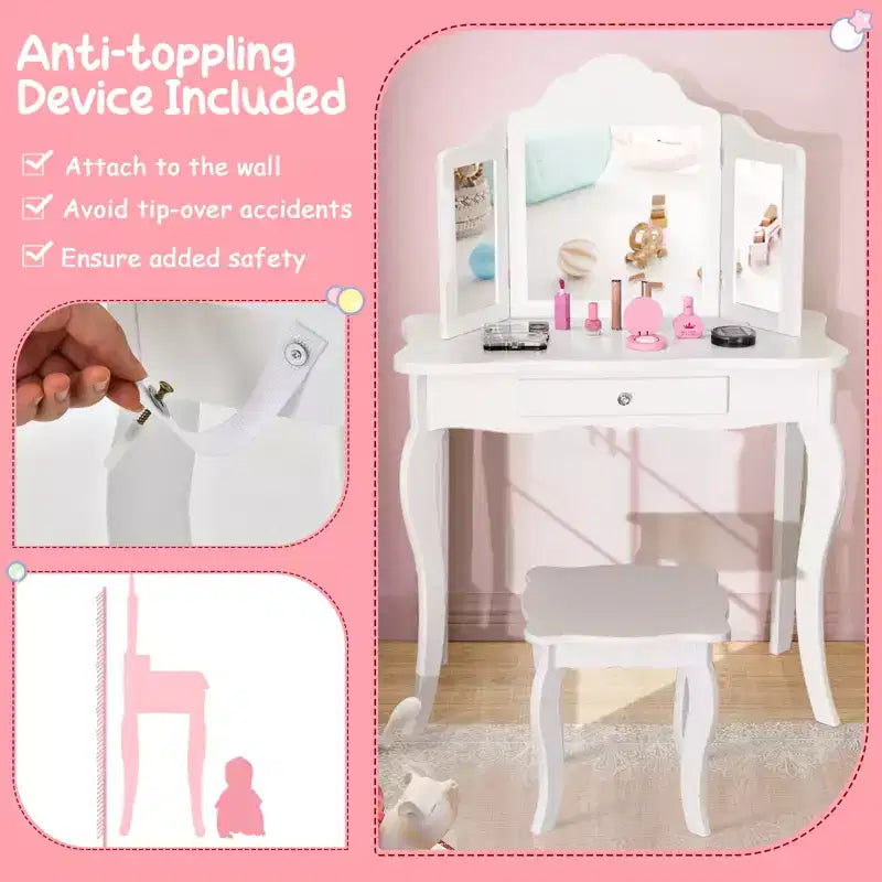Coiffeuse pour enfant Costway avec miroir triptyque 2-en-1, avec tabouret