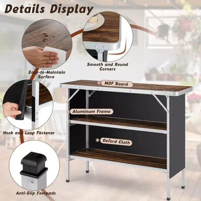 Table de camping pliante Costway, table de pique-nique portable en aluminium avec étagères à 2 niveaux, noir/café