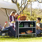 Table de camping pliante Costway, table de pique-nique portable en aluminium avec étagères à 2 niveaux, noir/café