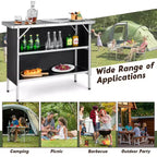 Table de camping pliante Costway, table de pique-nique portable en aluminium avec étagères à 2 niveaux, noir/café