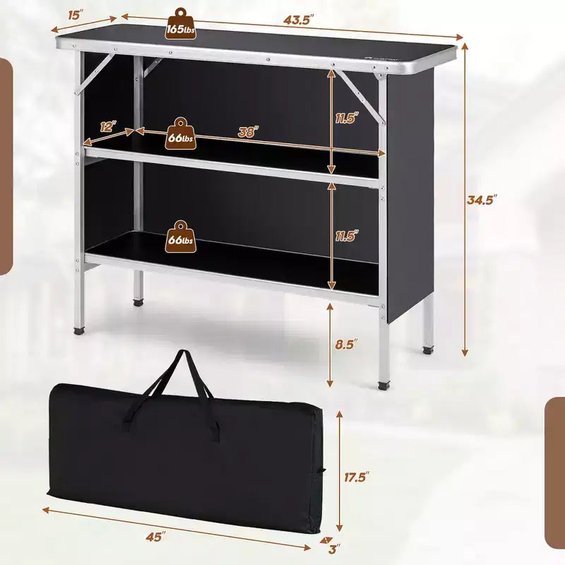 Table de camping pliante Costway, table de pique-nique portable en aluminium avec étagères à 2 niveaux, noir/café